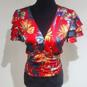 Floral Women's V-Neck Cropped Ruffle Sleeve Blouse Small Red Festival Resort